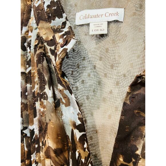 Coldwater Creek Size L 14-16 Women Top Brown Floral Long Sleeve Sheer Lined - Picture 6 of 7